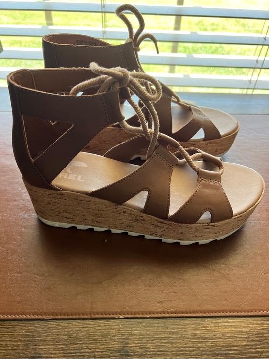 Sorel Shoes - Sorel Brown Lace-Up Cork Wedge Sandals